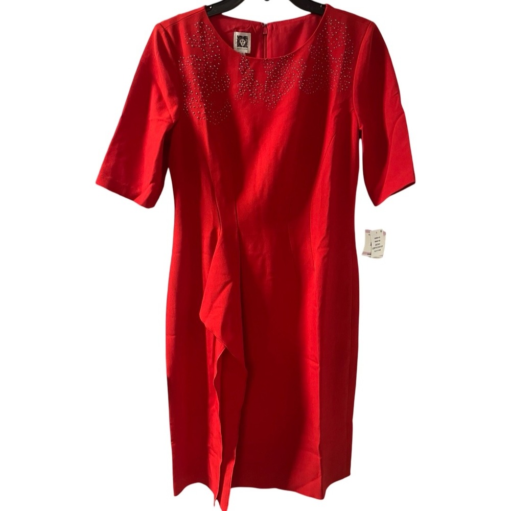 NWT Anne Klein Red Studded Sheath Knee Length Dress Draped‎ Ruffle Size 6